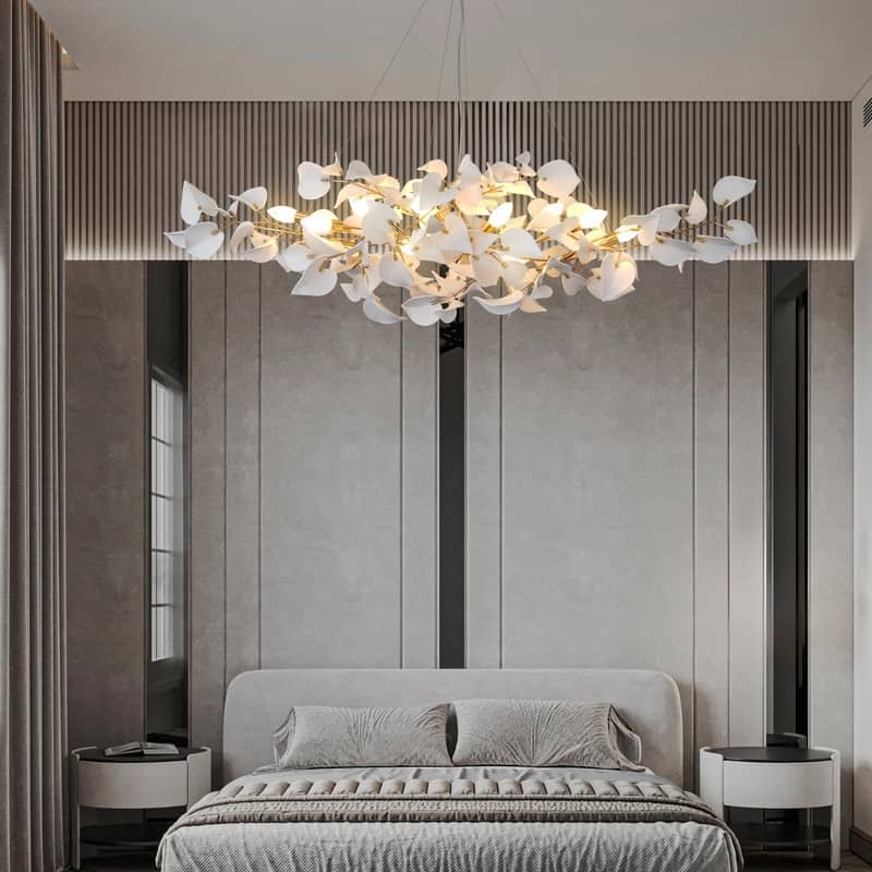 KAYLA 31.5" 6-Light Luxury Gold Round Chandelier, Modern Ceramic Leaf Branch