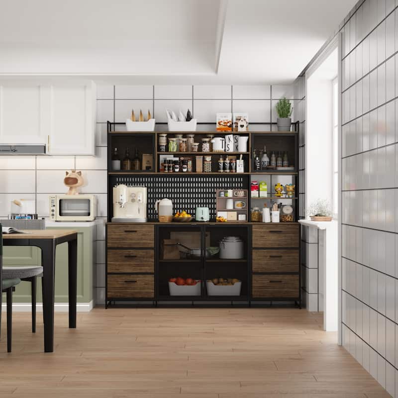 Large Kitchen Storage Cupboard Pantry with Metal Doors&6 Drawers&Shelf - 70.9"W