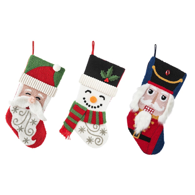 Glitzhome 20.5"L Santa Snowman Nutcracker Hooked Christmas Stocking - Santa & Snowman & Nutcracker