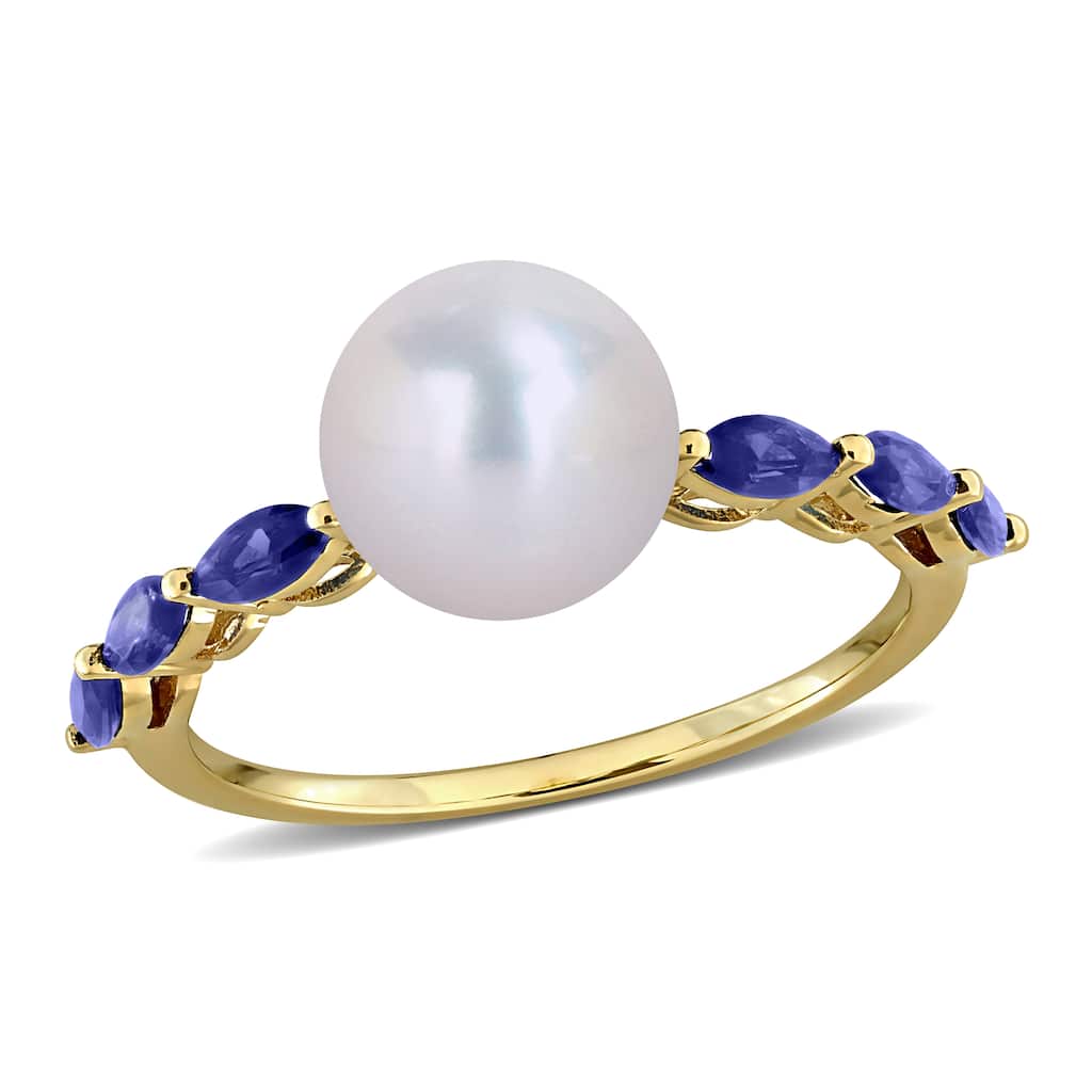 Miadora Cultured Freshwater Pearl 3/4ct TGW Created Blue Sapphire Ring 10k Yellow Gold