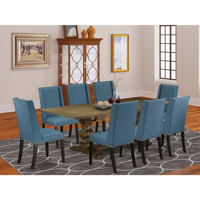 9-Piece Dining Table Set with Linen Accent Chairs - Modern Pedestal Table & Parson Chairs - Distressed Jacobean & Black Finish