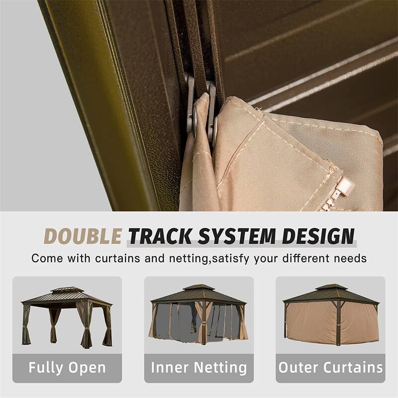 12'x14' Outdoor Aluminum Hardtop Gazebo with Double Roof, Curtains, and Netting for Patio and Backyard