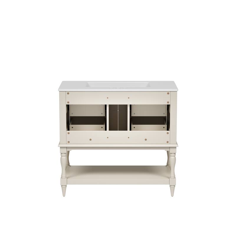 Bathroom Vanity with Ceramic Sink, Solid Wood Vanity Set with 4 Drawers, Bathroom Storage Cabinet with Open Shelf