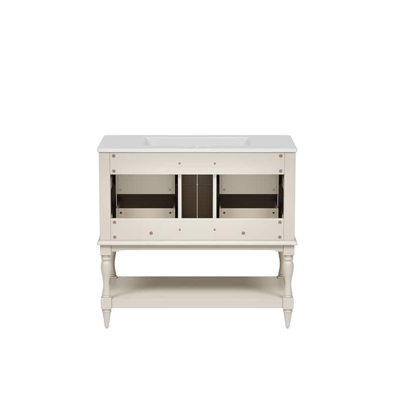 Free Standing Bathroom Vanity Cabinet with Sink, 4 Drawers, Solid Wood Frame, Silver Metal Knobs and Large Open Storage Shelf