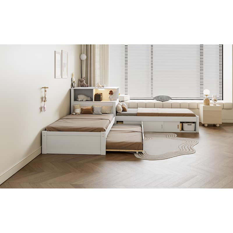 Roomfitters Twin L-Shaped Platform Bed with Trundle, Storage Cabinets and LED Desk