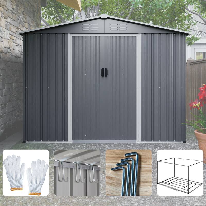 8x6 FT Outdoor Tool Storage Shed with Metal Foundation & Lockable Doors, All Weather Metal Sheds for Garden, Backyard