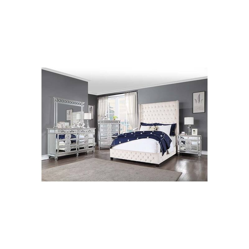QUEEN BED Frame Velvet Beige, Upholstered Platform Bed Modern Design