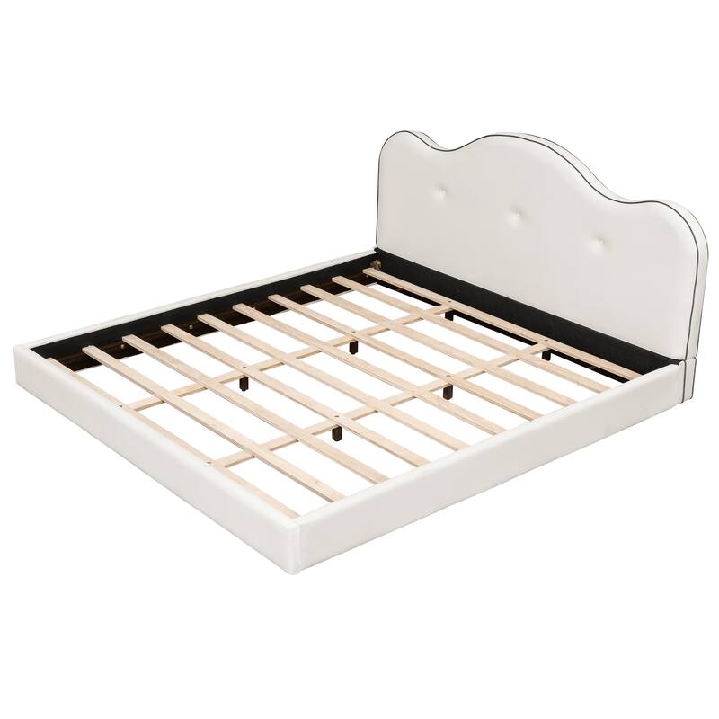 Beige Grounded Platform Bed Frame with Fabric Upholstered Headboard and Wooden Slats Support/No Box Spring Needed/Easy Assembly