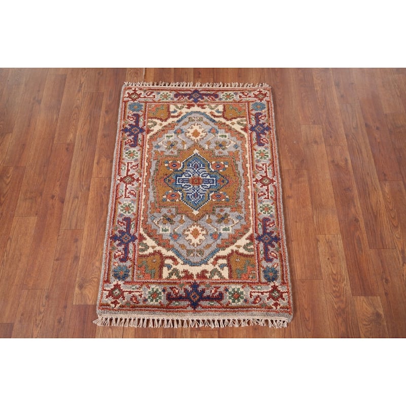 Geometric Heriz Serapi Indian Accent Rug Handmade Grey Wool Carpet - 2'1" x 3'2"