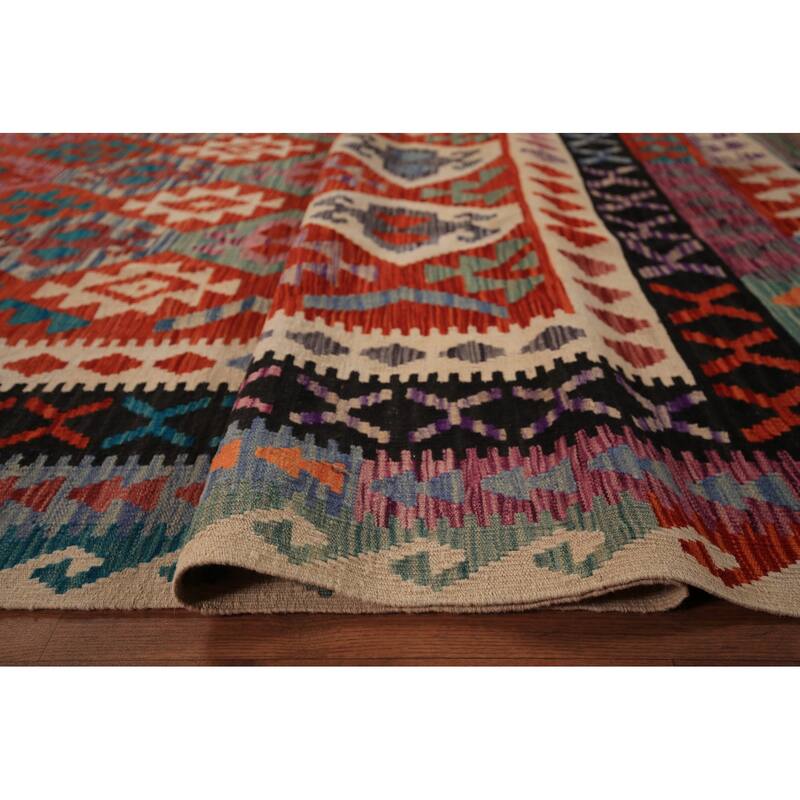 South Western Kilim Area Rug Hand-Woven Wool Carpet - 9'8" x 13'3"