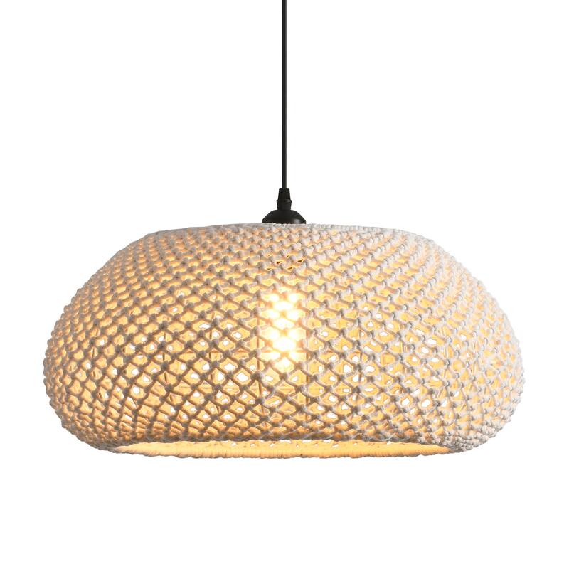 1-Light Rustic Beige Hand-Woven Cotton Hanging Basket Pendant Light - 18.8" W x 55" H