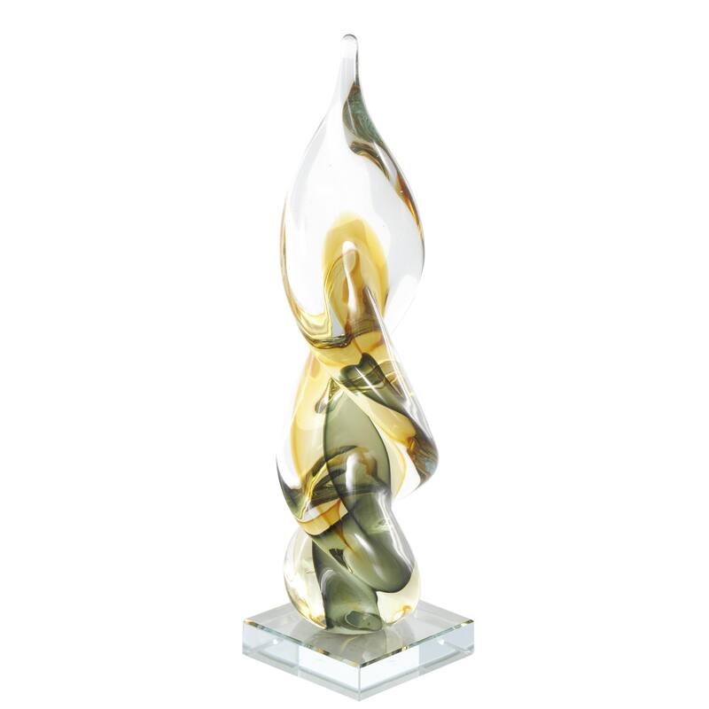 Clear Glass Twisted Abstract Decorative Sculpture with Green Accents