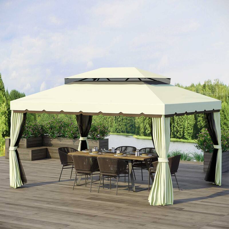 Outsunny 10' x 13' Metal Frame Outdoor Patio Gazebo with Beautiful Polyester Curtains and Air Venting Netted Screens - 10 x 13