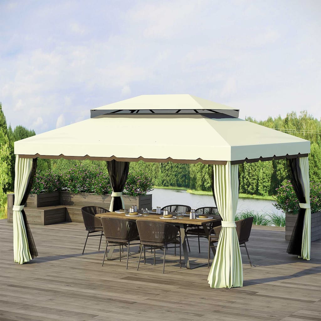 Outsunny 10' x 13' Metal Frame Outdoor Patio Gazebo with Beautiful Polyester Curtains and Air Venting Netted Screens
