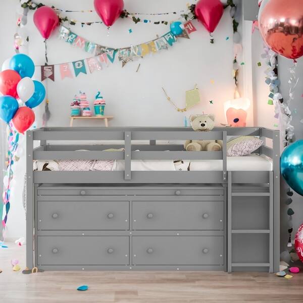 slide 2 of 13, Twin Size Wooden Loft Bed with Retractable Writing Desk and Drawers,Modern Kids Loft Bed,Space-saving Gray
