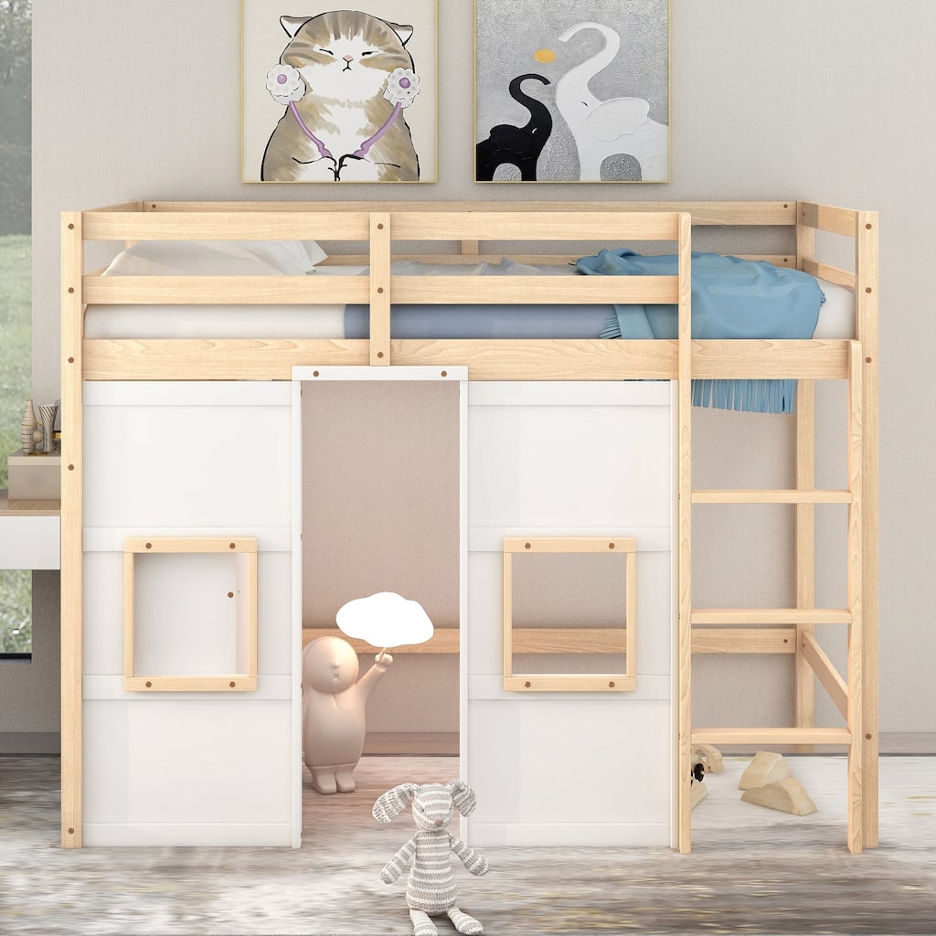 Twin Size House Loft Bed with Built-in Wardrobe & Guardrail, Wooden Twin Loftbed Frame with Large Under-Bed Space for Kids Teens