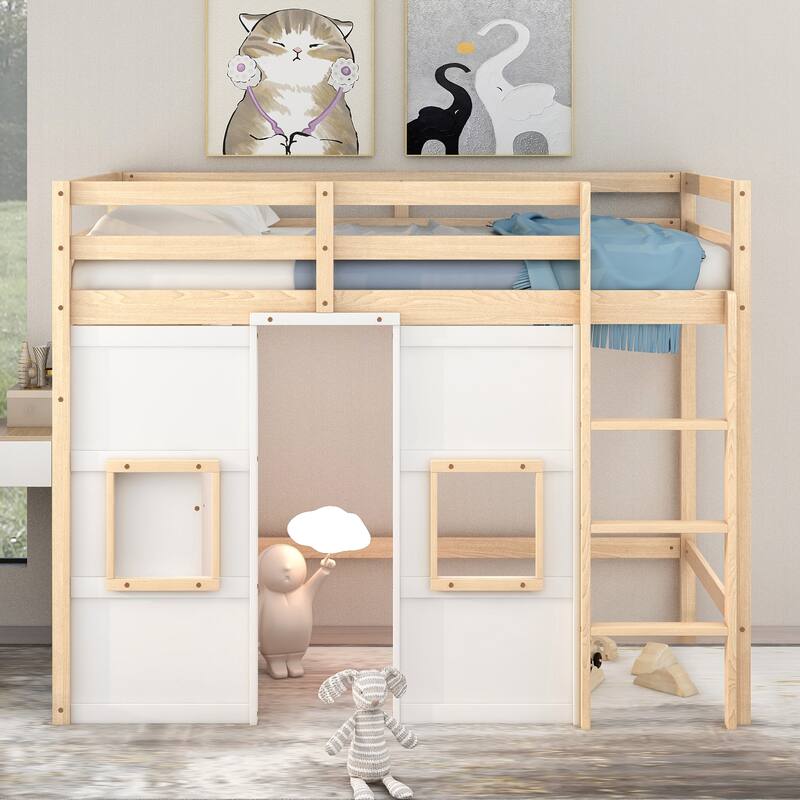 Twin Size Loft Bed with Built-in Storage Wardrobe, Solid Pine Wood Construction, 2 Windows, and Guardrails for Safety