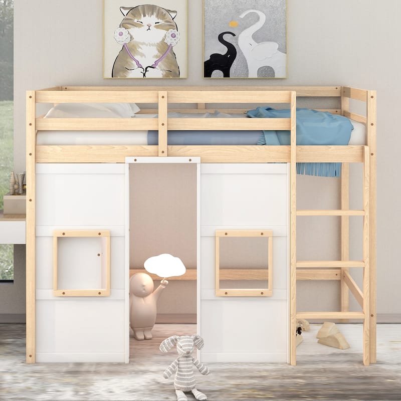 Wood Twin Size Loft Bed with Built-in Storage Wardrobe and 2 Windows w/Full-Length Guardrails, No Boxing Spring Needed