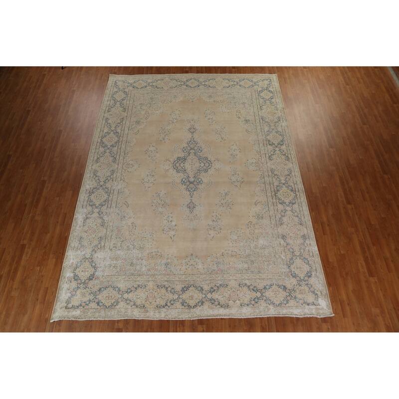 Distressed Floral Kerman Persian Area Rug Hand-knotted Wool Carpet - 10'1" x 14'1"