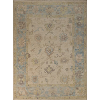 Beige Vegetable Dye Oushak Turkish Area Rug Hand-Knotted Wool Carpet - 7'10"x 9'10"