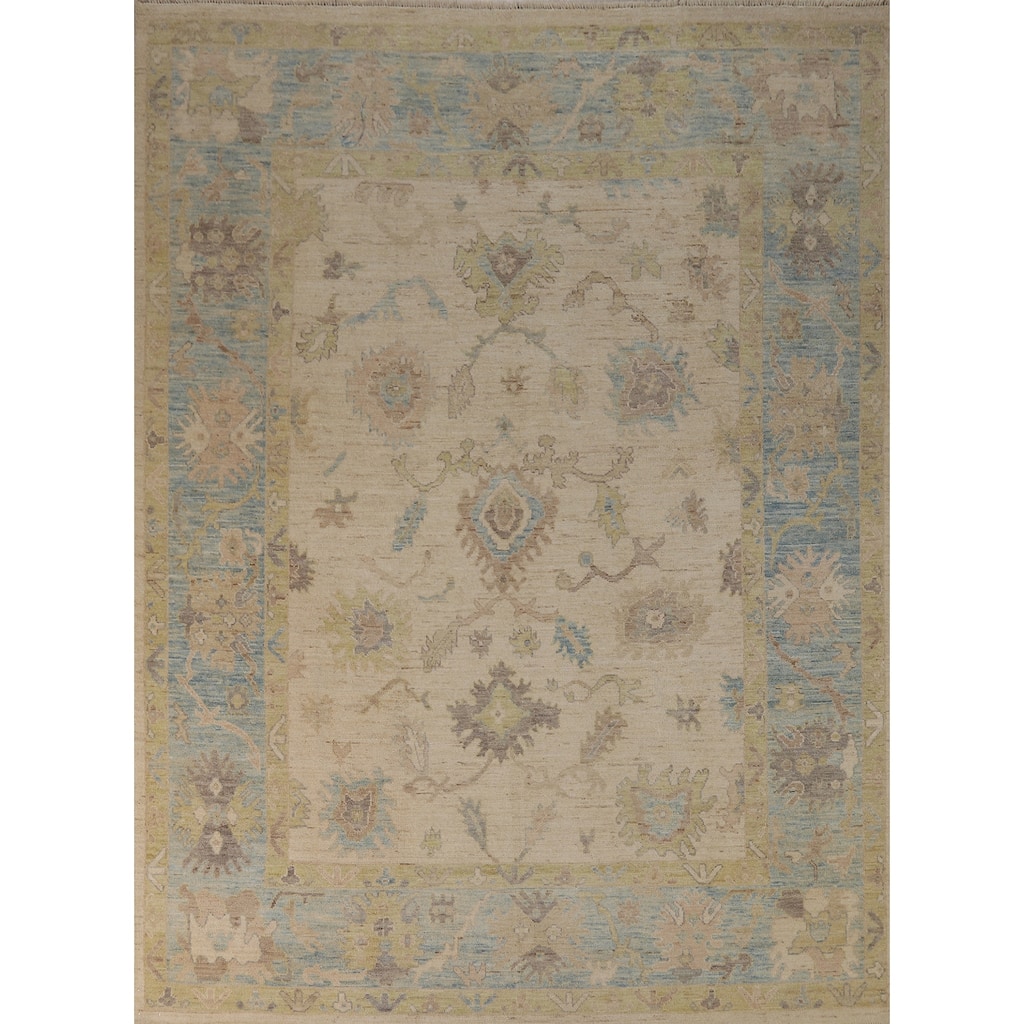 Beige Vegetable Dye Oushak Turkish Area Rug Hand-Knotted Wool Carpet - 7'10"x 9'10"