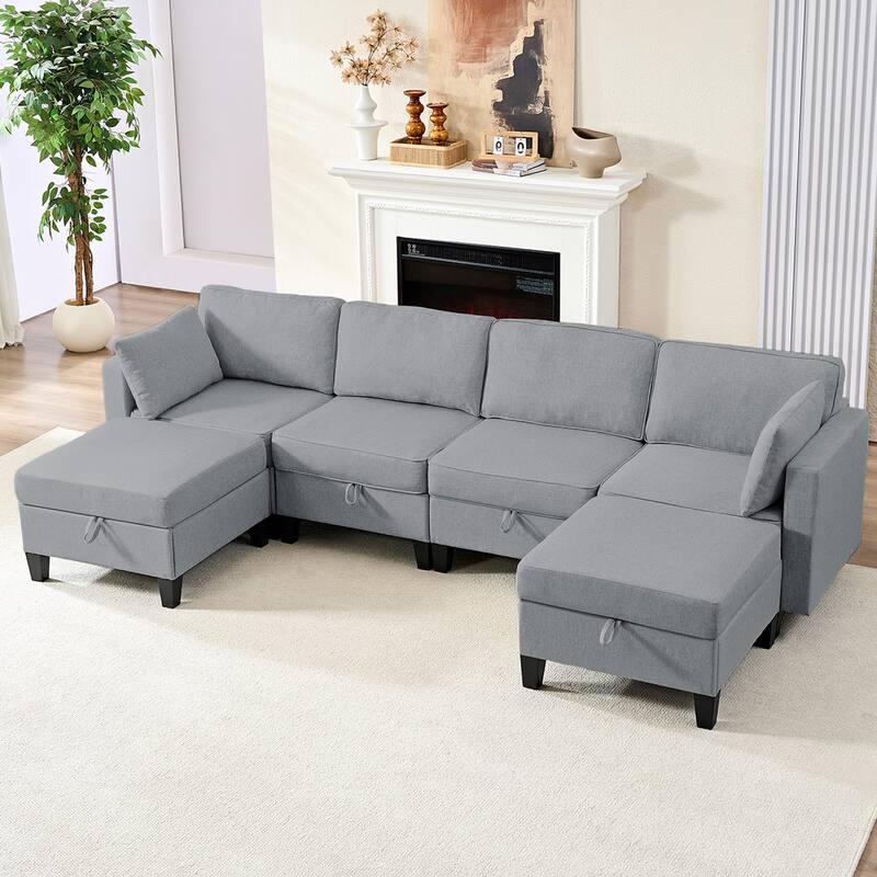 Mixoy Flexible Combination Reversible 4-Seater Modular Sofa with Ottomans,Linen Convertible Sleeper Sofa Bed with Storage Space