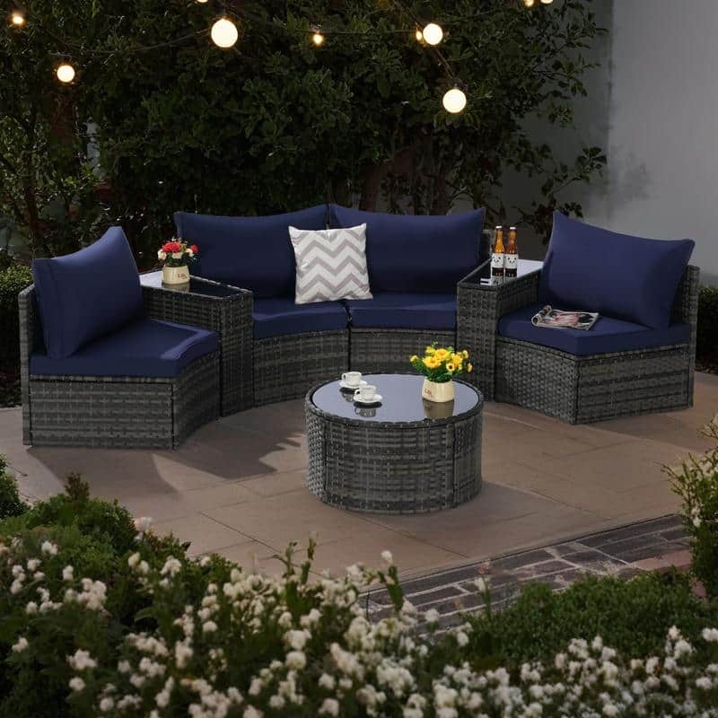 7-Piece Outdoor Patio Half-Moon Sectional Sofa Set with Tempered Glass Coffee Table - Dark Blue