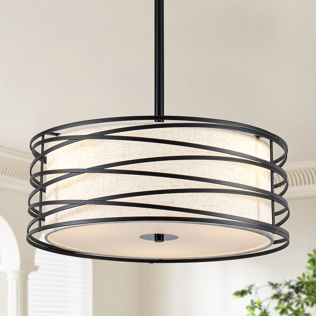 Modern 3-Light Metal Spiral Frame Drum Pendant Light with Fabric Shade for Kitchen Island