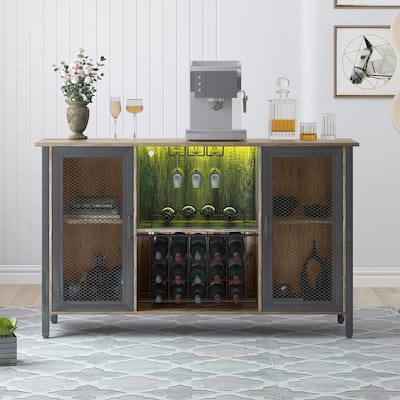 Mixoy LED Wine Bar Cabinet,Home Bar Industrial Sideboard Storage Buffet Cabinet,Farmhouse Coffee Bar Cabinet for Liquor,Glasses
