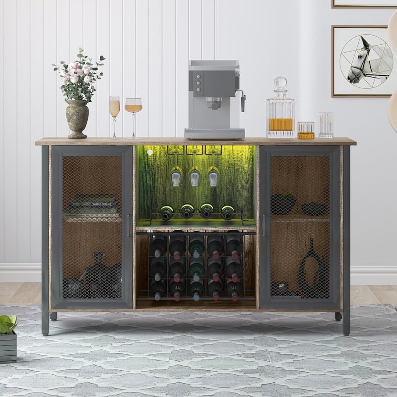 Mixoy LED Wine Bar Cabinet,Home Bar Industrial Sideboard Storage Buffet Cabinet,Farmhouse Coffee Bar Cabinet for Liquor,Glasses