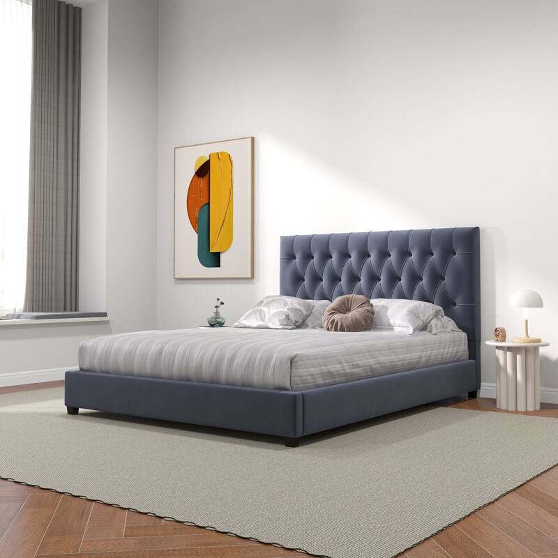 Modern Grey Velvet Platform Bed with Tufted Headboard, King Size