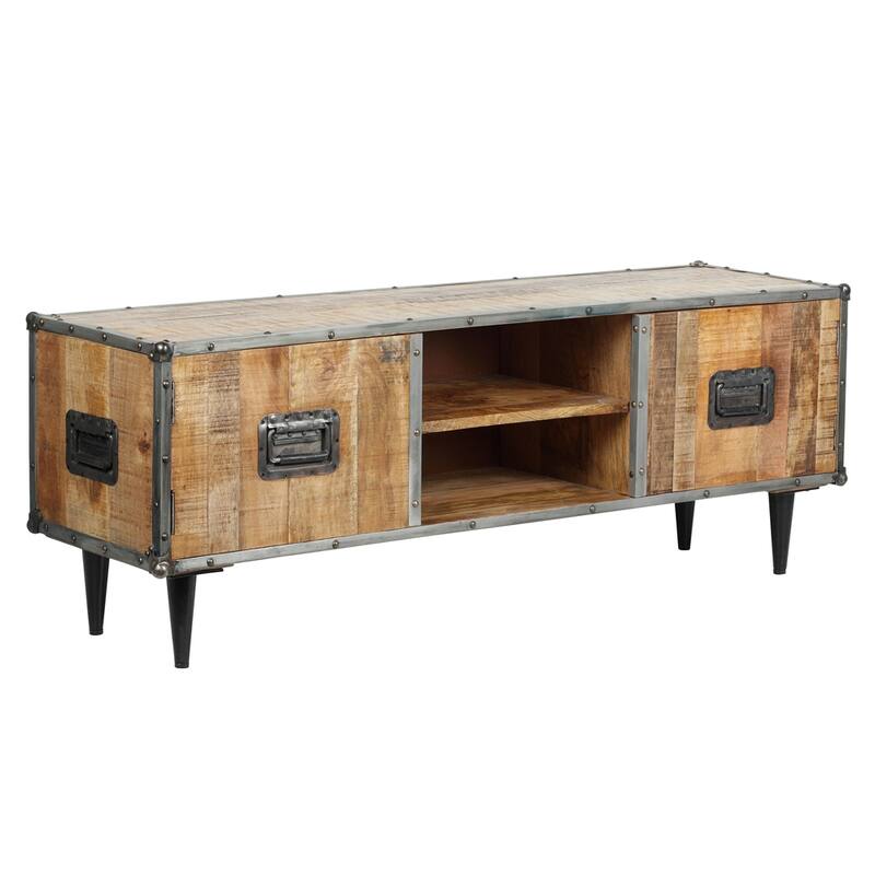 ExBrite Solid Wood Media Console 2 Doors Back Black Metal Legs for TV Table Bench Stand,Rich Rustic Oak Finish