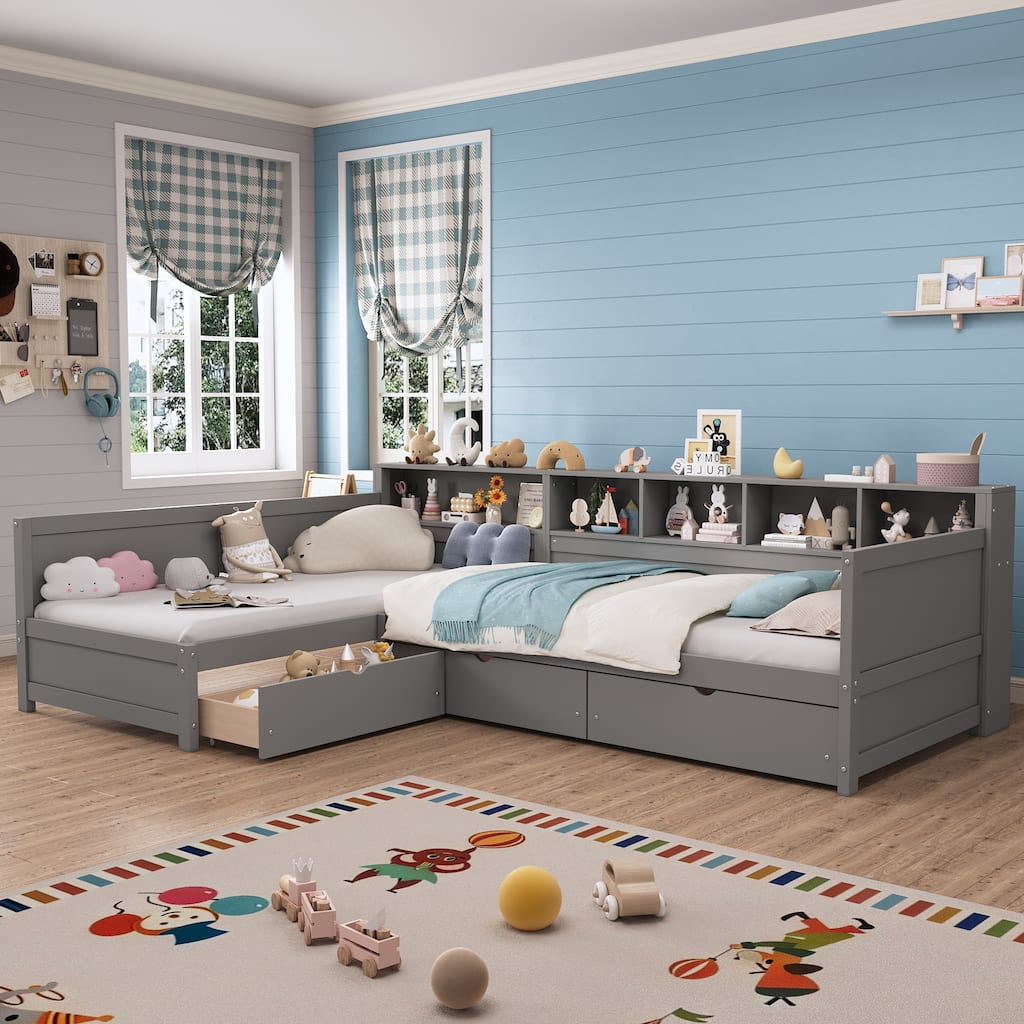 Twin Size Day Bed for 2, L- Shape Twin Size Bed Frame with Storage 3 Drawers, Wooden Corner Bed