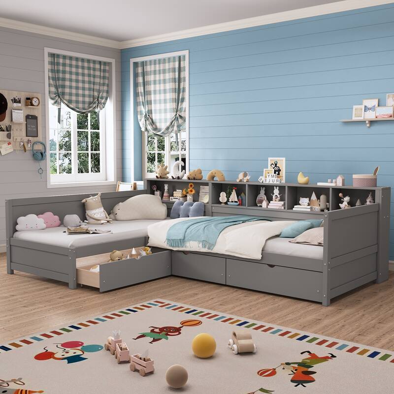 Twin Size L-Shape Daybed with 3 Pull-out Drawers, Wooden Corner Bed Frame with Storage Bookshelf