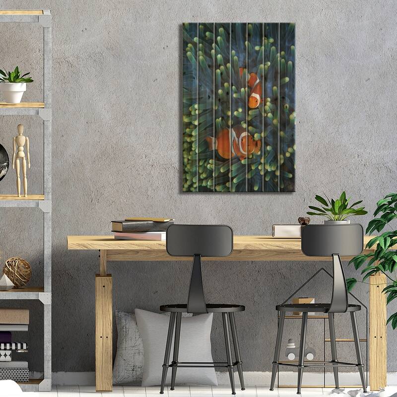 Clown Anemonefish Pair In Sea Anemone Tentacles, Celebes Sea Print On Wood by Hiroya Minakuchi - Multi-Color