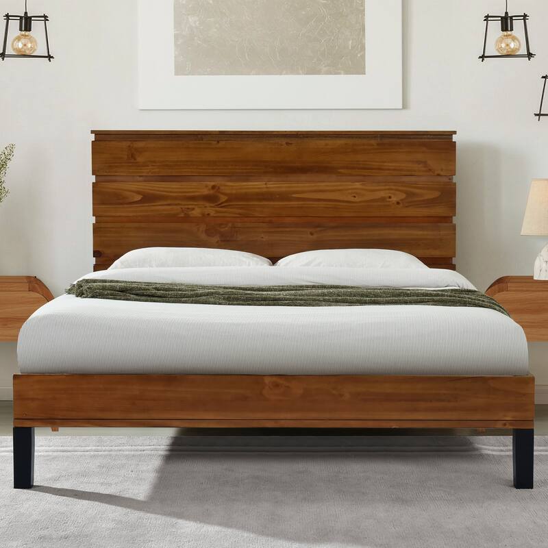 Rustic Brown Solid Wood Frame Full/Queen/King Size Panel Bed Platform Bed Frame with Six-Piece Headboard,No Box Spring Needed