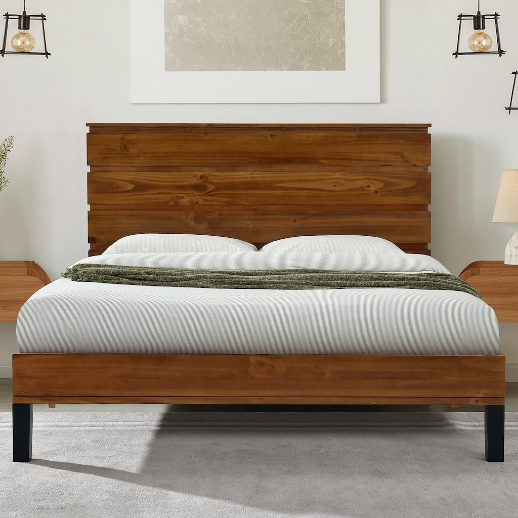 Rustic Brown Solid Wood Frame Full/Queen/King Size Panel Bed Platform Bed Frame with Six-Piece Headboard,No Box Spring Needed