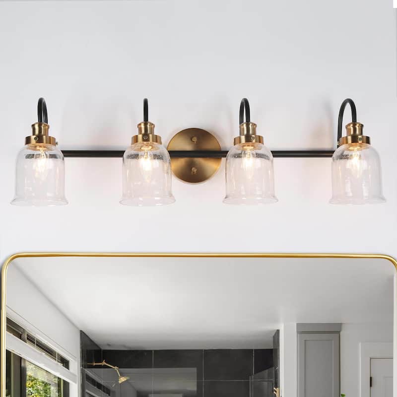 Mid-Century Modern Black Gold 2/3/4-Light Bathroom Vanity Light Seeded Glass Wall Sconces - 4-Light