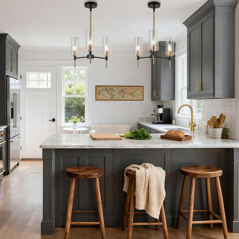 Alva Modern Farmhouse 3-Light Black Gold Chandelier Glass Pendant Light for Dining Room