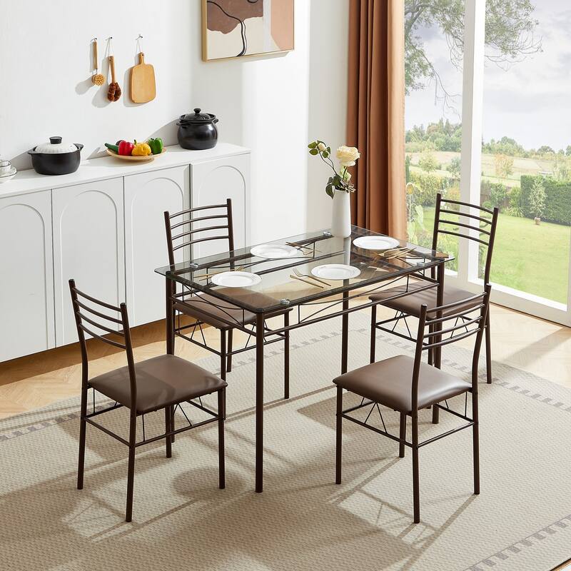 Javlergo 5-Piece Dining Table Set, Kitchen Dining Room Table and 4 Chairs, Glass Table Top with Metal Frame, Space Saving