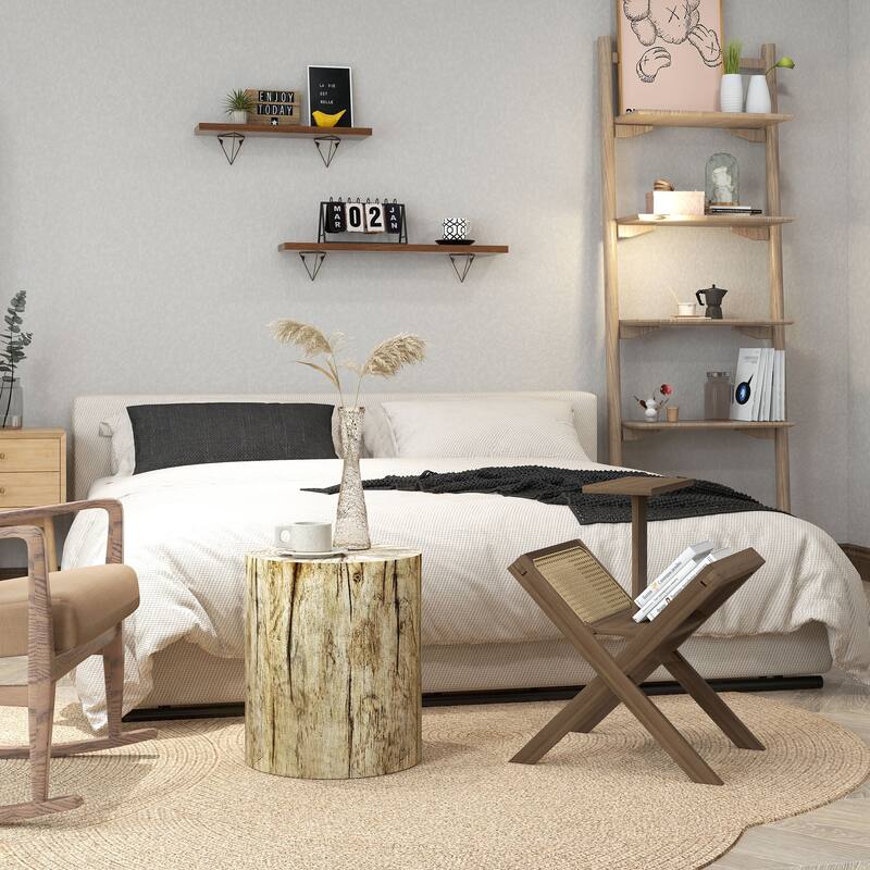 Tree Stump Stool, Decorative Side Table with Round Tabletop, Concrete End Table with Wood Grain Finish for Indoors and Outdoors