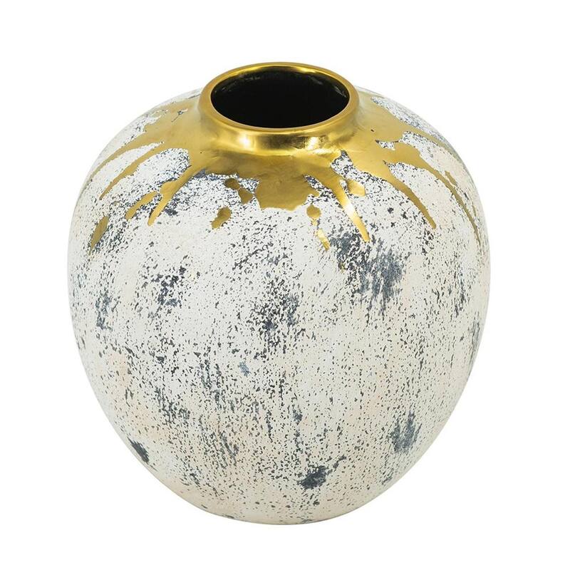 10" Ivory Gray And Gold Abstract Distressed Ceramic Round Table Vase - 9.80