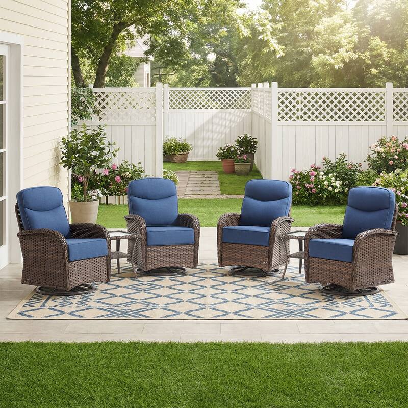 Pocassy Outdoor Sofa Swivel Chair and Ottman with Coffee Table - Brown Wicker Blue Cushion - 6-Piece Swivel Chair with Side Table