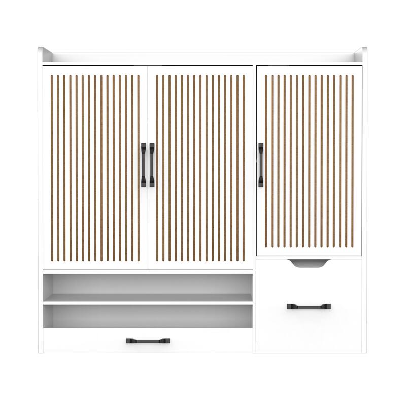 Shoe Cabinet with Adjustable Shelves, Stool & Retractable Toe-Kick Drawer, Freestanding Narrow Shoe Rack Organizer