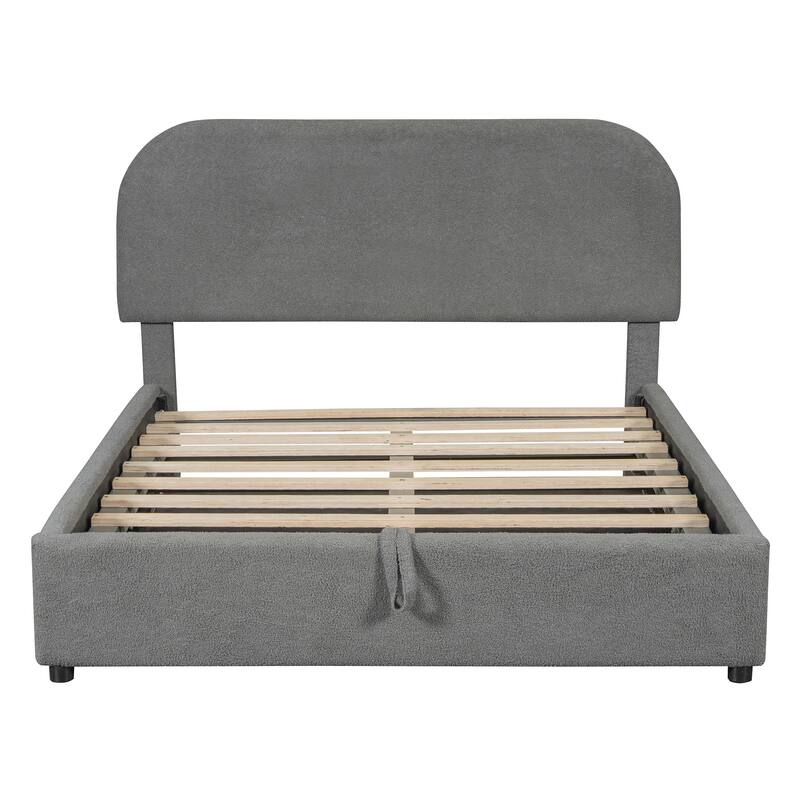 Full Teddy Fleece Platform Bed with Hydraulic Storage, Curved Design Headboard and Footboard, Sturdy MDF Frame