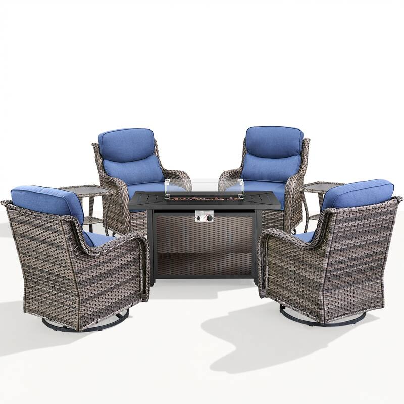 Pocassy Patio Sofa Swivel Chair Set with 43" Fire Pit Table