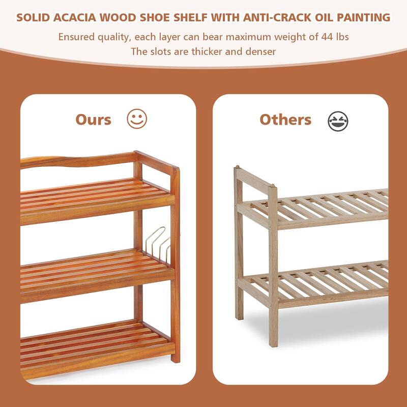 Costway 3-Tier Wood Shoe Rack Solid Acacia Wood Shoe Shelf with Side