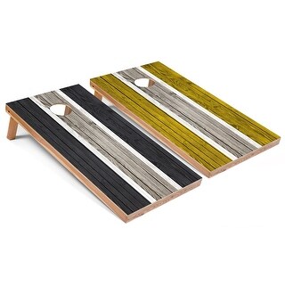 Solid Wood Cornhole Boards - Dark Grey and Yellow Stripes Design