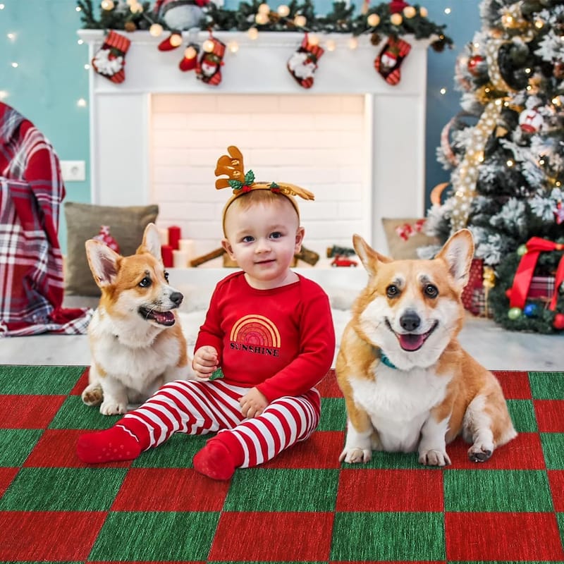 Grid Pattern Washable Christmas Area Rug Indoor Floor Cover for Xmas Holiday Decoration, Red+Green