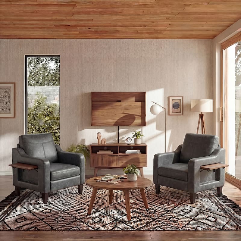 Modern Accent Chair with Wooden Armrest Comfortable Single Sofa Armchair for Living Room Bedroom Reading